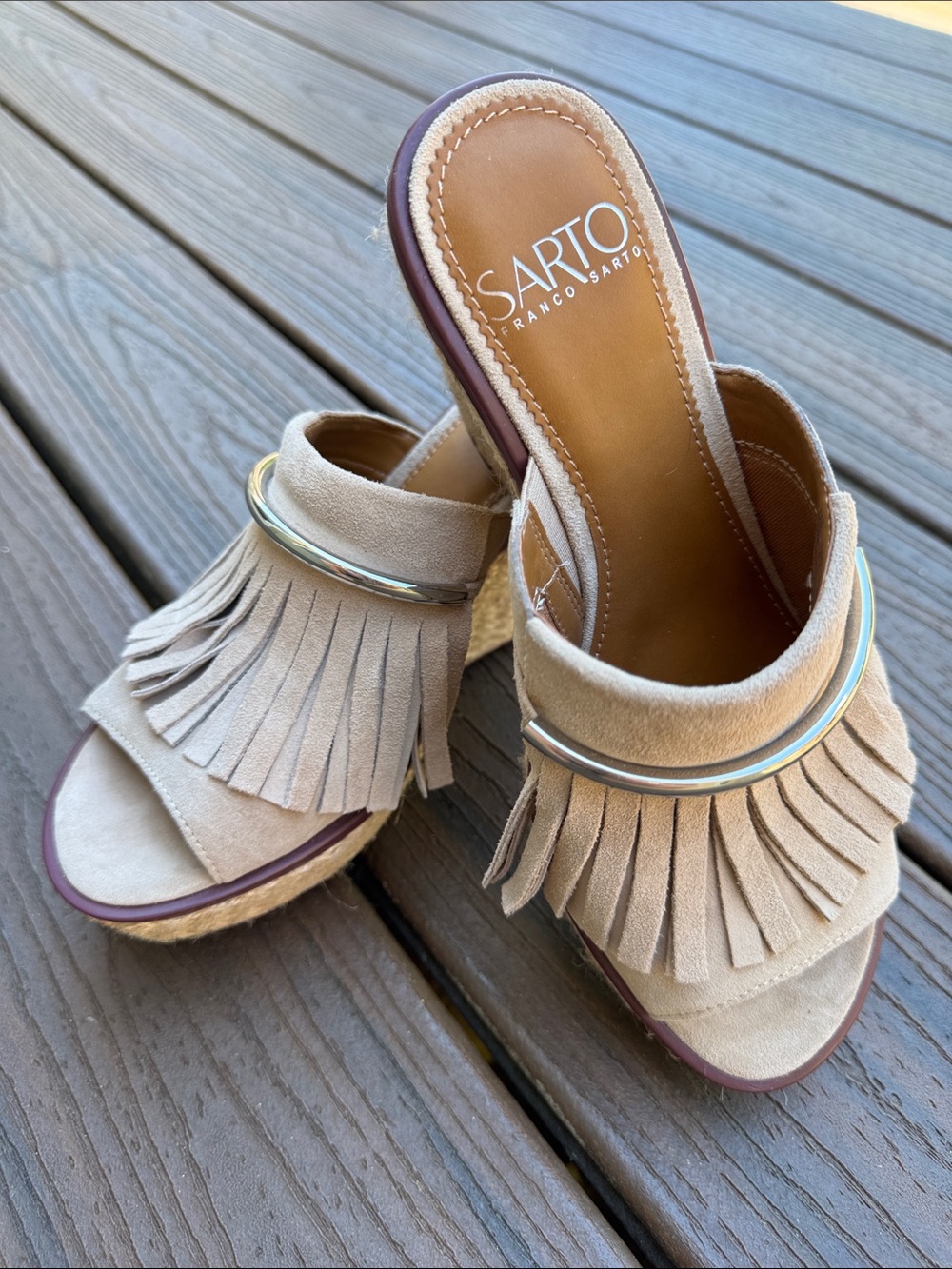 SARTO By Franco Sarto Candace Beige Suede Fringe Slide Mules with Metallic Ring